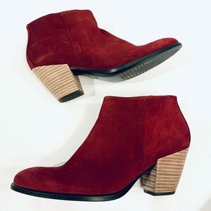 ECCO, Brick Red Suede Booties with Wood Stacked Heel, Size 40 (US 9 - 9.5)